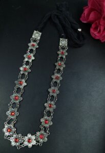 Handcrafted Flower Necklace | German Silver Ethnic Thread Jewelry - color: "Red"