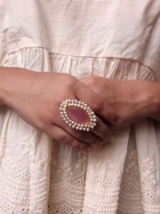 Beautiful Gold Plated Adjustable Ring | Monalisa Stone & Pearl Work Jewelry For Women - color: "Baby Pink"