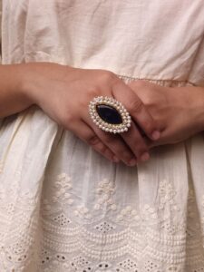 Beautiful Gold Plated Adjustable Ring | Monalisa Stone & Pearl Work Jewelry For Women - color: "Blue"