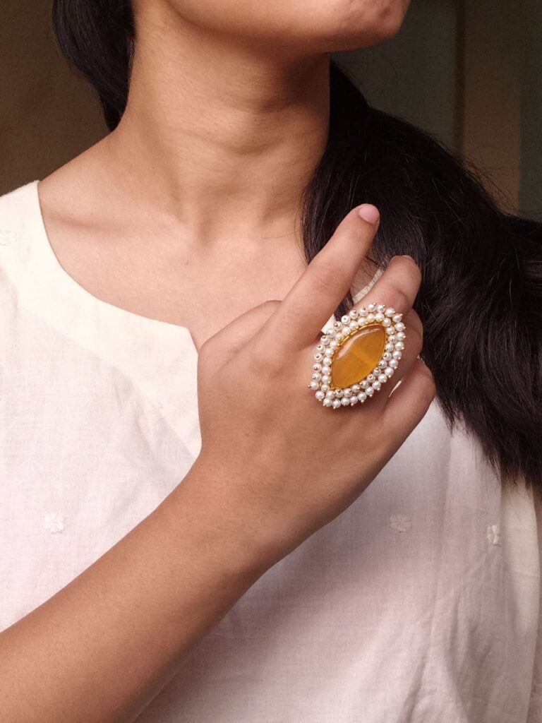 Beautiful Gold Plated Adjustable Ring | Monalisa Stone & Pearl Work Jewelry For Women