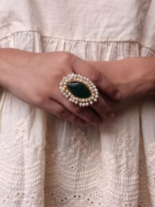 Beautiful Gold Plated Adjustable Ring | Monalisa Stone & Pearl Work Jewelry For Women - color: "Green"