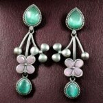 Bulk 126 Beautiful Oxidized Flower Earring | Silver Replica Ethnic Stone Work Dangler Jewelry for Girls - "Mint-Baby Pink"
