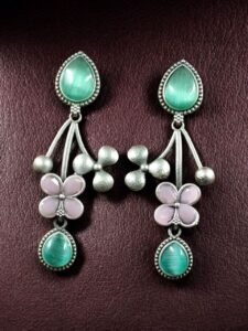 Beautiful Oxidized Flower Earring | Silver Replica Ethnic Stone Work Dangler Jewelry for Girls - color: "Mint-Baby Pink"