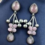 Bulk 122 Beautiful Oxidized Flower Earring | Silver Replica Ethnic Stone Work Dangler Jewelry for Girls - "Baby Pink"