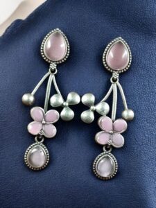 Beautiful Oxidized Flower Earring | Silver Replica Ethnic Stone Work Dangler Jewelry for Girls - color: "Baby Pink"