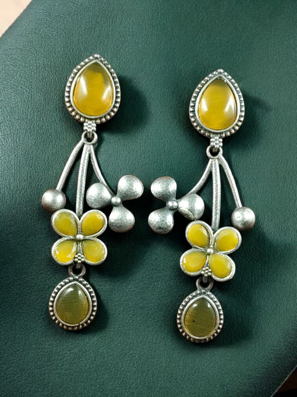 Beautiful Oxidized Flower Earring | Silver Replica Ethnic Stone Work Dangler Jewelry for Girls 5 Oxidized silver replica flower dangler earrings with stone work