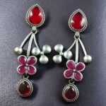 Bulk 116 Beautiful Oxidized Flower Earring | Silver Replica Ethnic Stone Work Dangler Jewelry for Girls - "Red"
