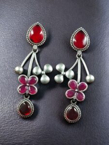 Beautiful Oxidized Flower Earring | Silver Replica Ethnic Stone Work Dangler Jewelry for Girls - color: "Red"