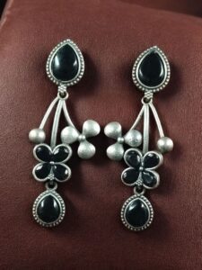 Beautiful Oxidized Flower Earring | Silver Replica Ethnic Stone Work Dangler Jewelry for Girls - color: "Black"