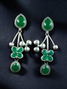 Beautiful Oxidized Flower Earring | Silver Replica Ethnic Stone Work Dangler Jewelry for Girls - color: "Green"