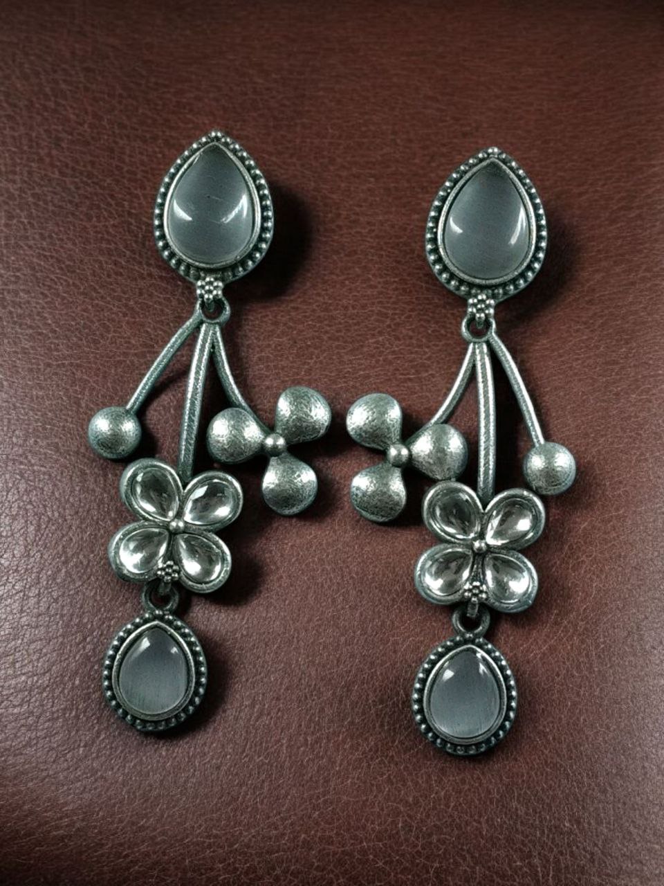 Beautiful Oxidized Flower Earring | Silver Replica Ethnic Stone Work Dangler Jewelry for Girls 2 Oxidized silver replica flower dangler earrings with stone work