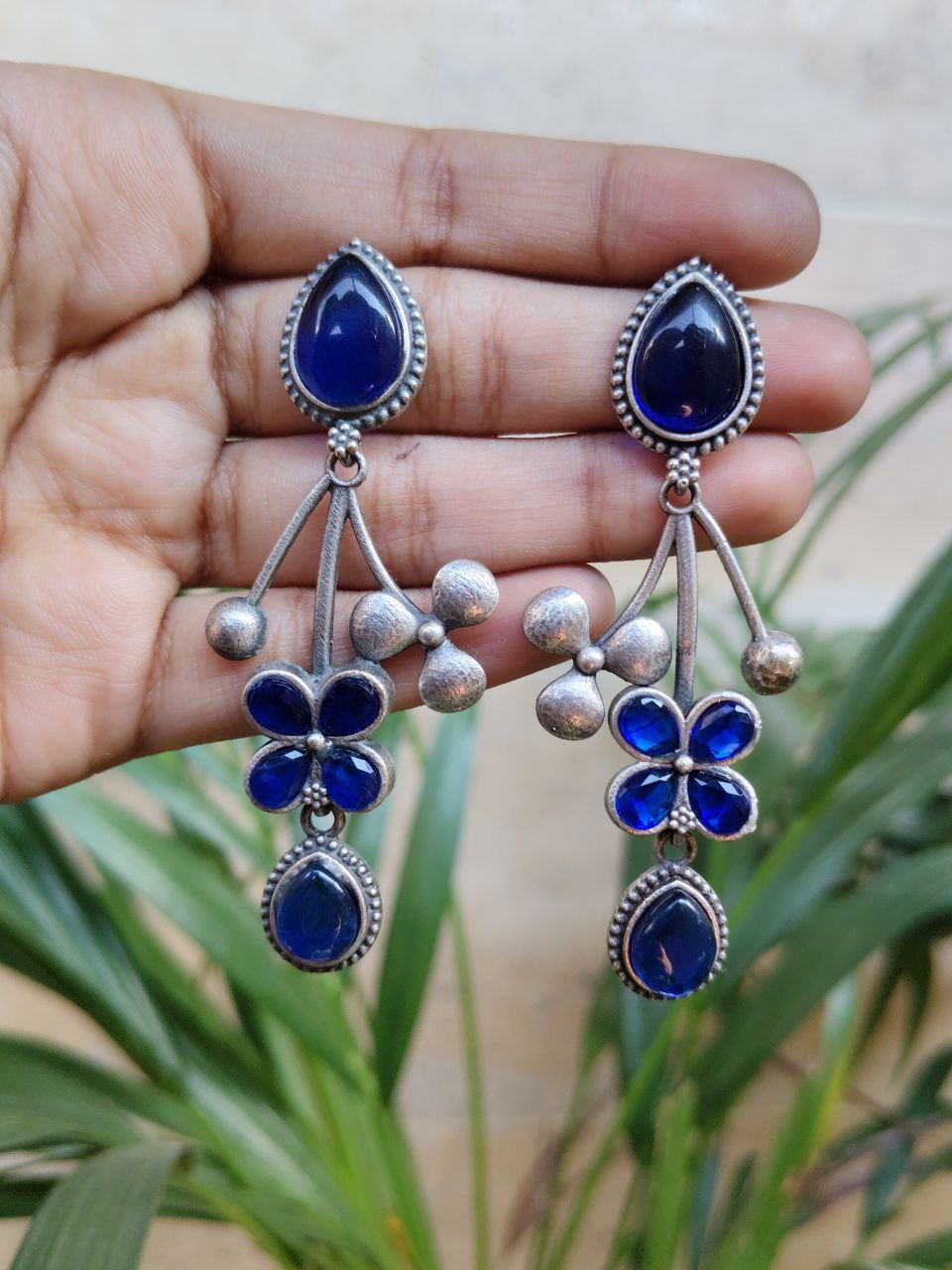 Beautiful Oxidized Flower Earring | Silver Replica Ethnic Stone Work Dangler Jewelry for Girls 9 Oxidized silver replica flower dangler earrings with stone work