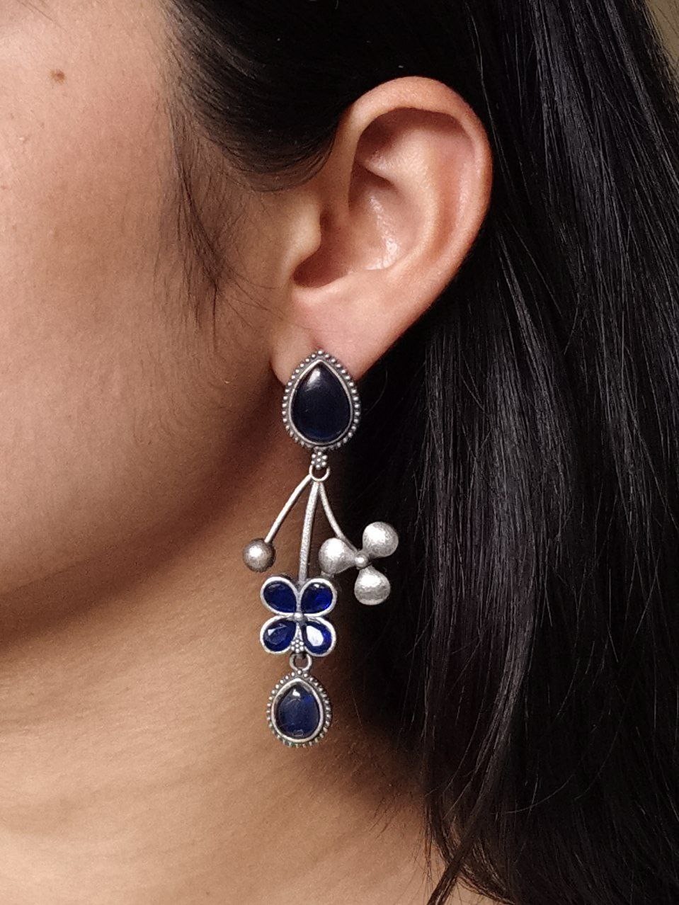 Beautiful Oxidized Flower Earring | Silver Replica Ethnic Stone Work Dangler Jewelry for Girls 1 Oxidized silver replica flower dangler earrings with stone work