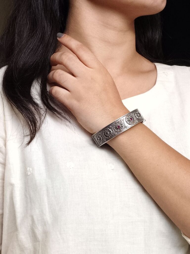 Stylish Traditional Flower Kada | Silver Plated Openable Ethnic Bangle