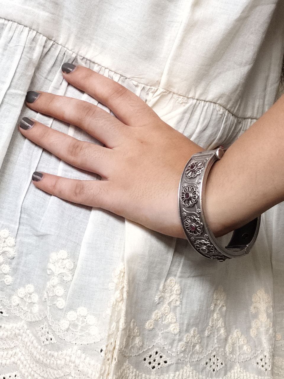 Stylish Traditional Flower Kada | Silver Plated Openable Ethnic Bangle 2 Silver plated traditional flower kada for women.