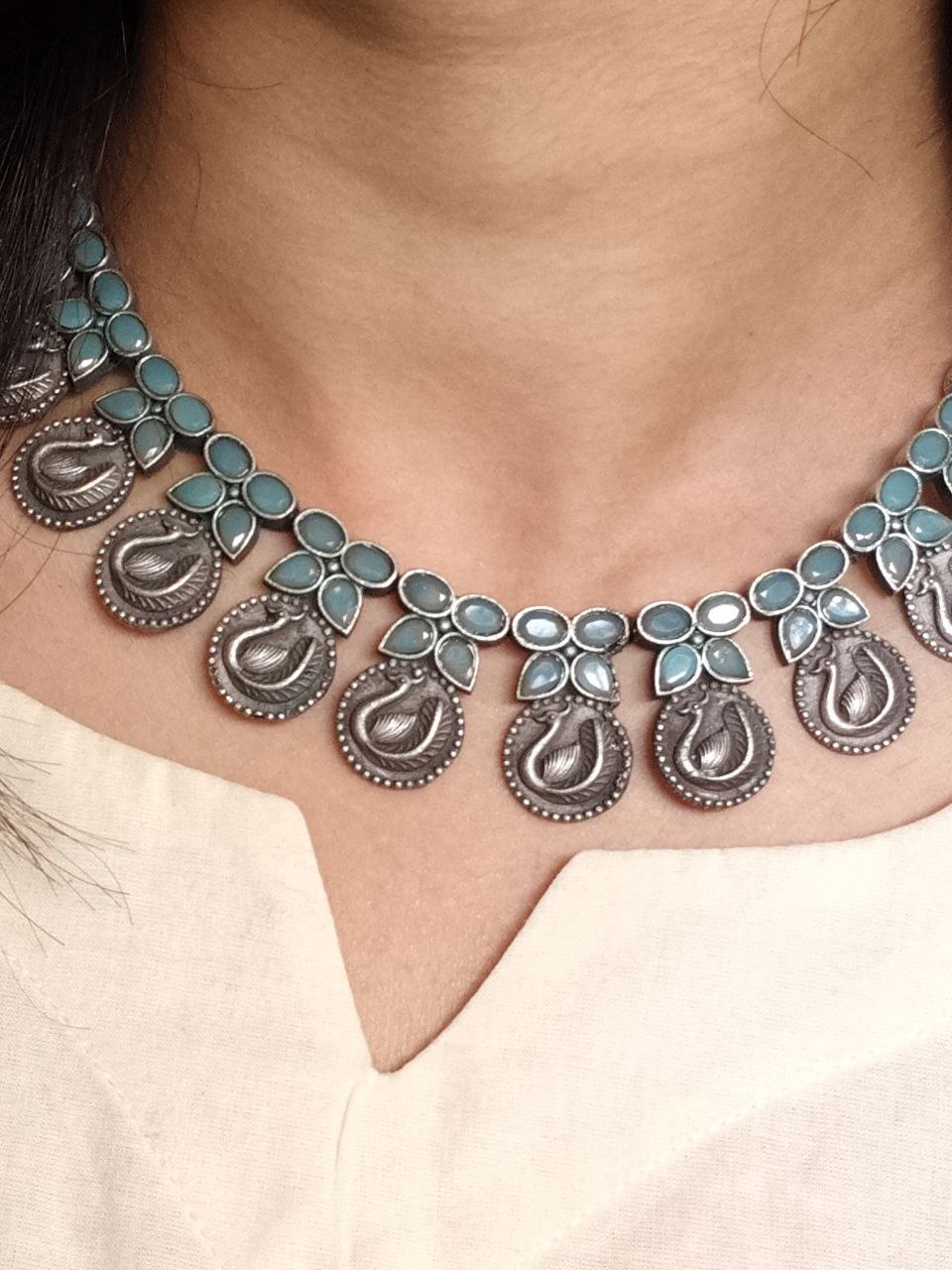 Beautiful Peacock Choker Necklace Set | Stone Work Silver Touch Ethnic Wear Jewelry 2 Peacock choker necklace set for women.