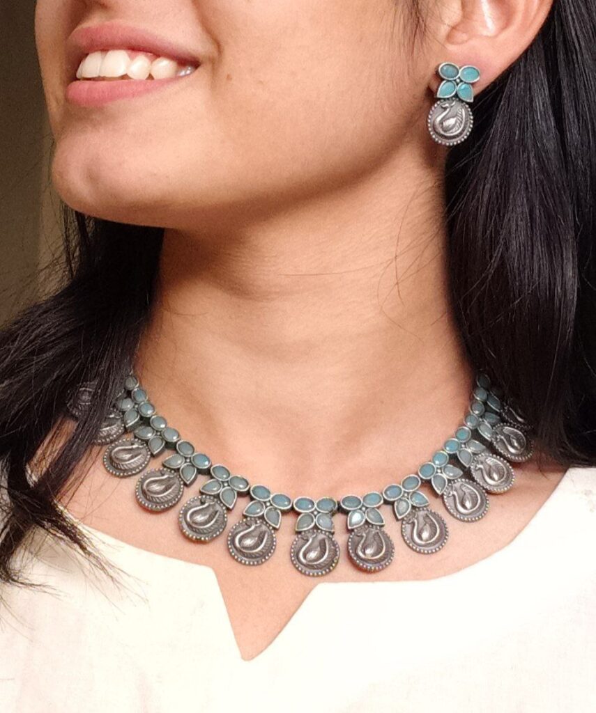 Beautiful Peacock Choker Necklace Set | Stone Work Silver Touch Ethnic Wear Jewelry
