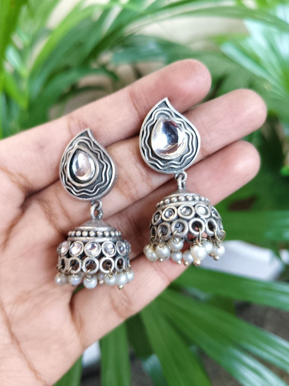 Elegant Silver Plated Jhumki Dangler Earrings with Beautiful Stone and Pearl Work Design 5 Elegant Silver Plated Jhumki Dangler Earrings with Beautiful Stone and Pearl Work Design - Image 6