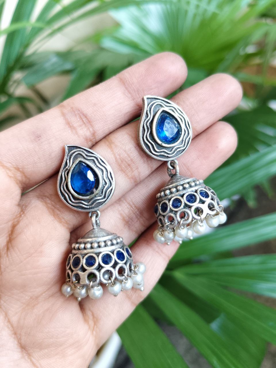 Elegant Silver Plated Jhumki Dangler Earrings with Beautiful Stone and Pearl Work Design 1 Elegant Silver Plated Jhumki Dangler Earrings with Beautiful Stone and Pearl Work Design