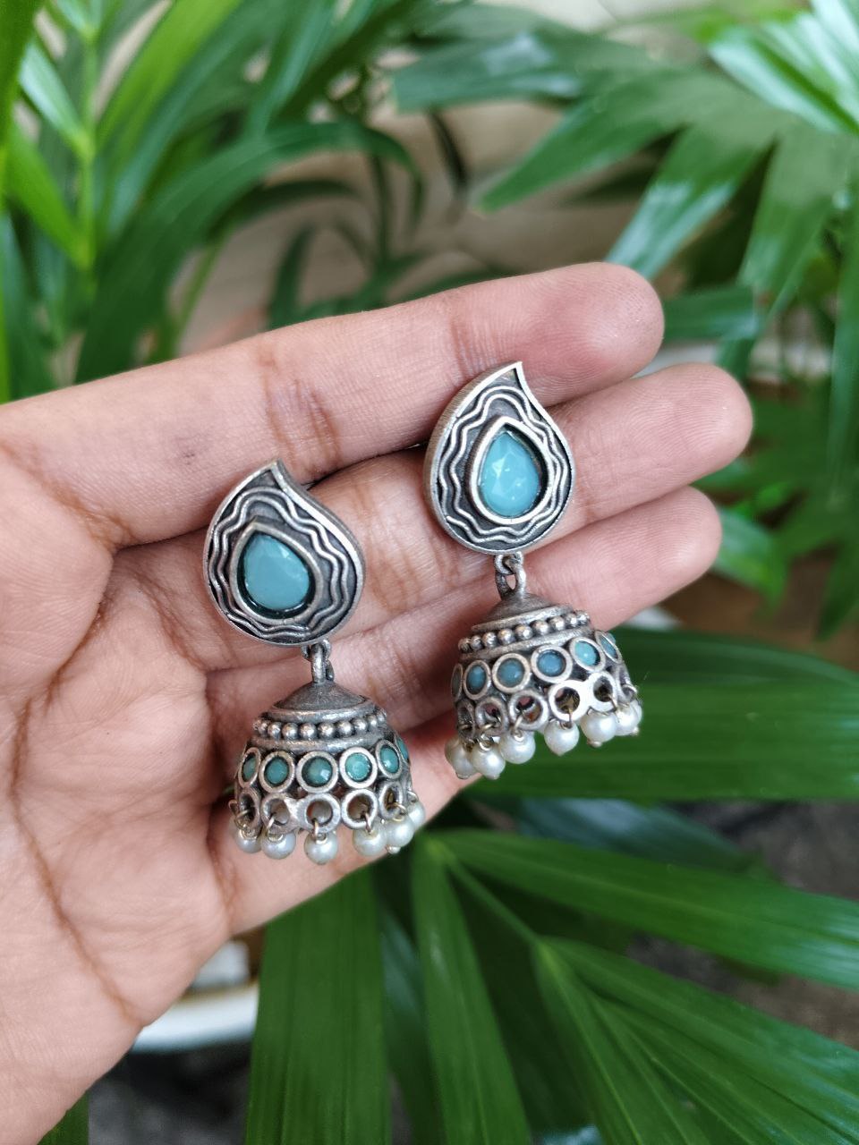 Elegant Silver Plated Jhumki Dangler Earrings with Beautiful Stone and Pearl Work Design 4 Elegant Silver Plated Jhumki Dangler Earrings with Beautiful Stone and Pearl Work Design - Image 5