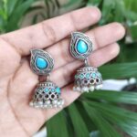 Bulk 96 Elegant Silver Plated Jhumki Dangler Earrings with Beautiful Stone and Pearl Work Design - "Aqua"