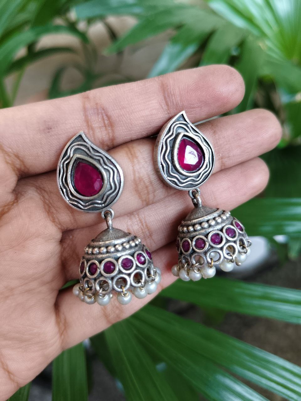 Elegant Silver Plated Jhumki Dangler Earrings with Beautiful Stone and Pearl Work Design 2 Elegant Silver Plated Jhumki Dangler Earrings with Beautiful Stone and Pearl Work Design - Image 2