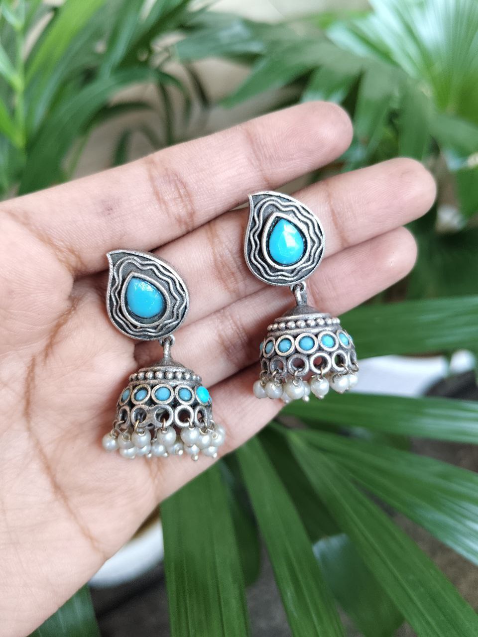 Elegant Silver Plated Jhumki Dangler Earrings with Beautiful Stone and Pearl Work Design 3 Elegant Silver Plated Jhumki Dangler Earrings with Beautiful Stone and Pearl Work Design - Image 3