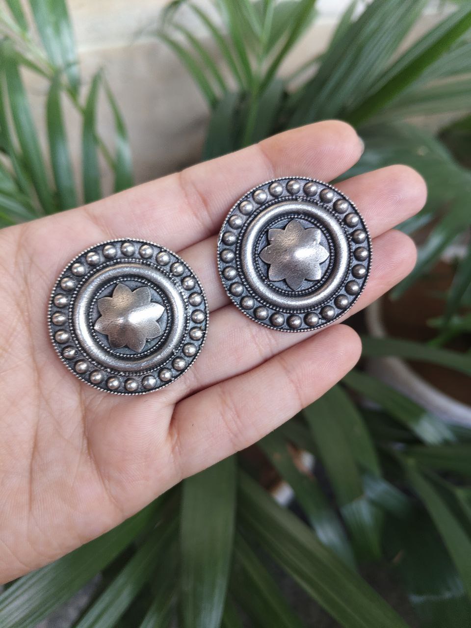 Elegant Round Stud Earrings | Oxidized Silver Replica Jewelry Perfect Gift for Girls 2 Oxidized silver replica round stud earrings for women