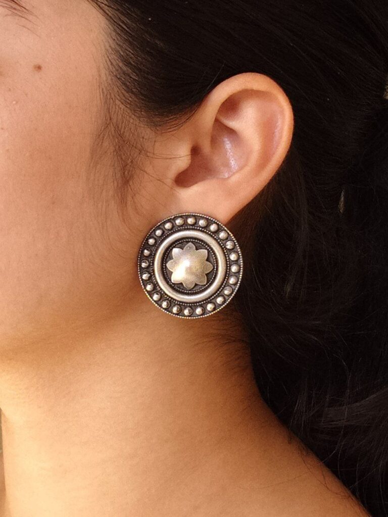 Elegant Round Stud Earrings | Oxidized Silver Replica Jewelry Perfect Gift for Girls