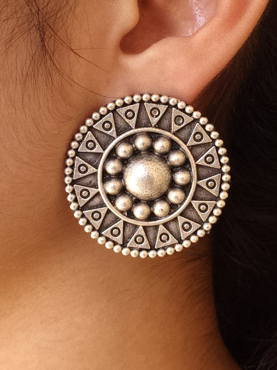 Beautiful Oxidized Silver Replica Round Stud Earrings | Handmade Best Jewelry 3 Handmade oxidized silver replica round stud earrings for women