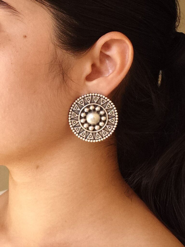 Beautiful Oxidized Silver Replica Round Stud Earrings | Handmade Best Jewelry