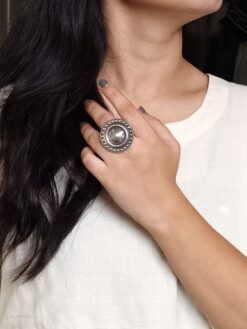 Oxidized silver round adjustable ring for women