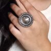 Oxidized silver round adjustable ring for women