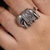Oxidized silver adjustable elephant design ring for women
