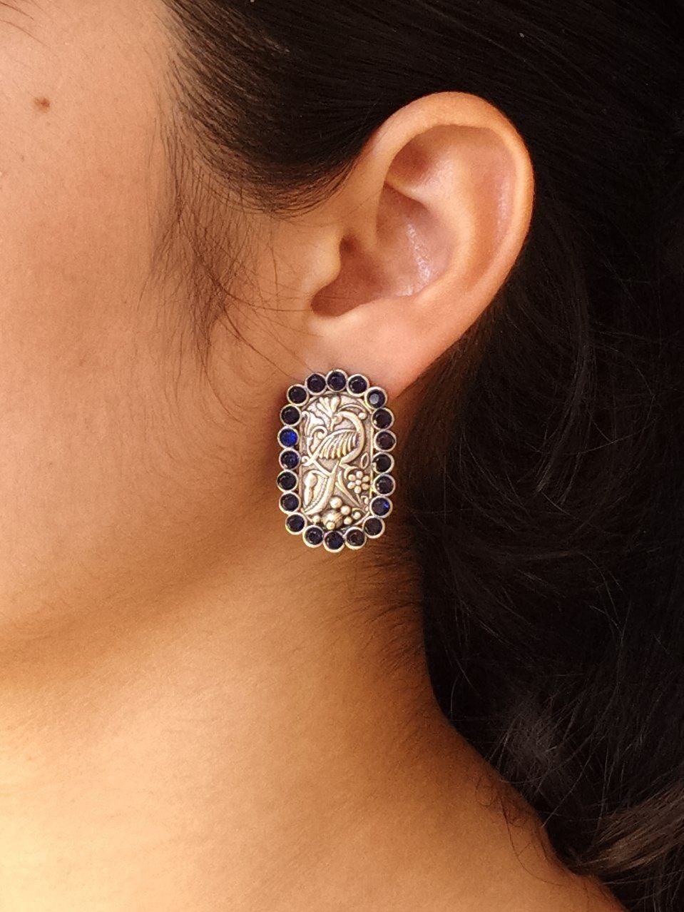 Beautiful Peacock Stud Earrings | Silver Replica Oxidized Stone Jewelry for Daily Wear 1 Oxidized peacock stud earrings silver plated stone jewelry