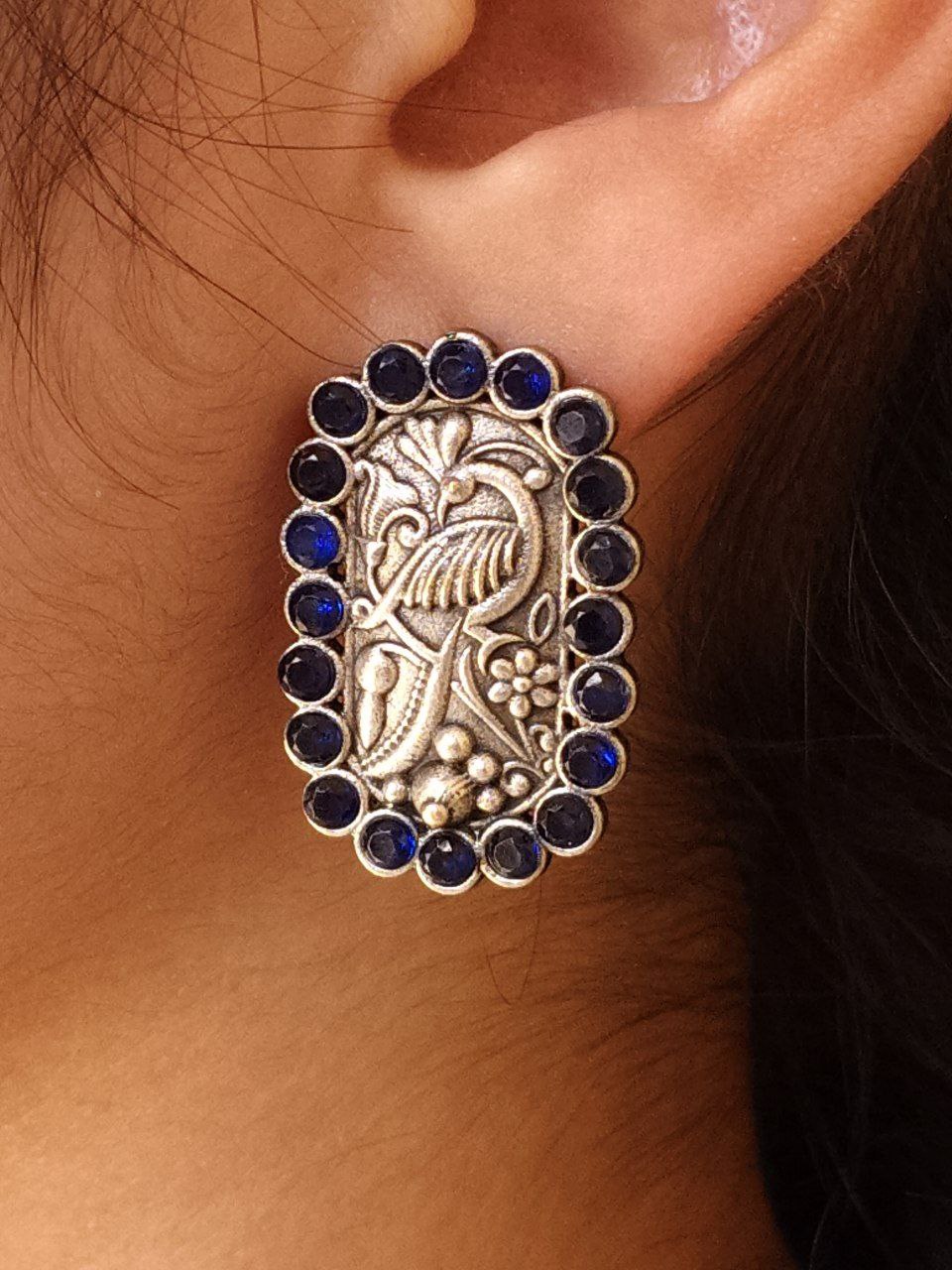 Beautiful Peacock Stud Earrings | Silver Replica Oxidized Stone Jewelry for Daily Wear 3 Oxidized peacock stud earrings silver plated stone jewelry