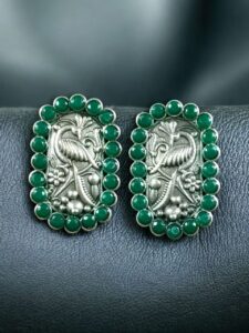 Beautiful Peacock Stud Earrings | Silver Replica Oxidized Stone Jewelry for Daily Wear - color: "Green"