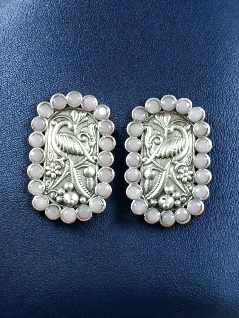 Beautiful Peacock Stud Earrings | Silver Replica Oxidized Stone Jewelry for Daily Wear 5 Oxidized peacock stud earrings silver plated stone jewelry