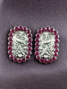Beautiful Peacock Stud Earrings | Silver Replica Oxidized Stone Jewelry for Daily Wear - color: "Red"