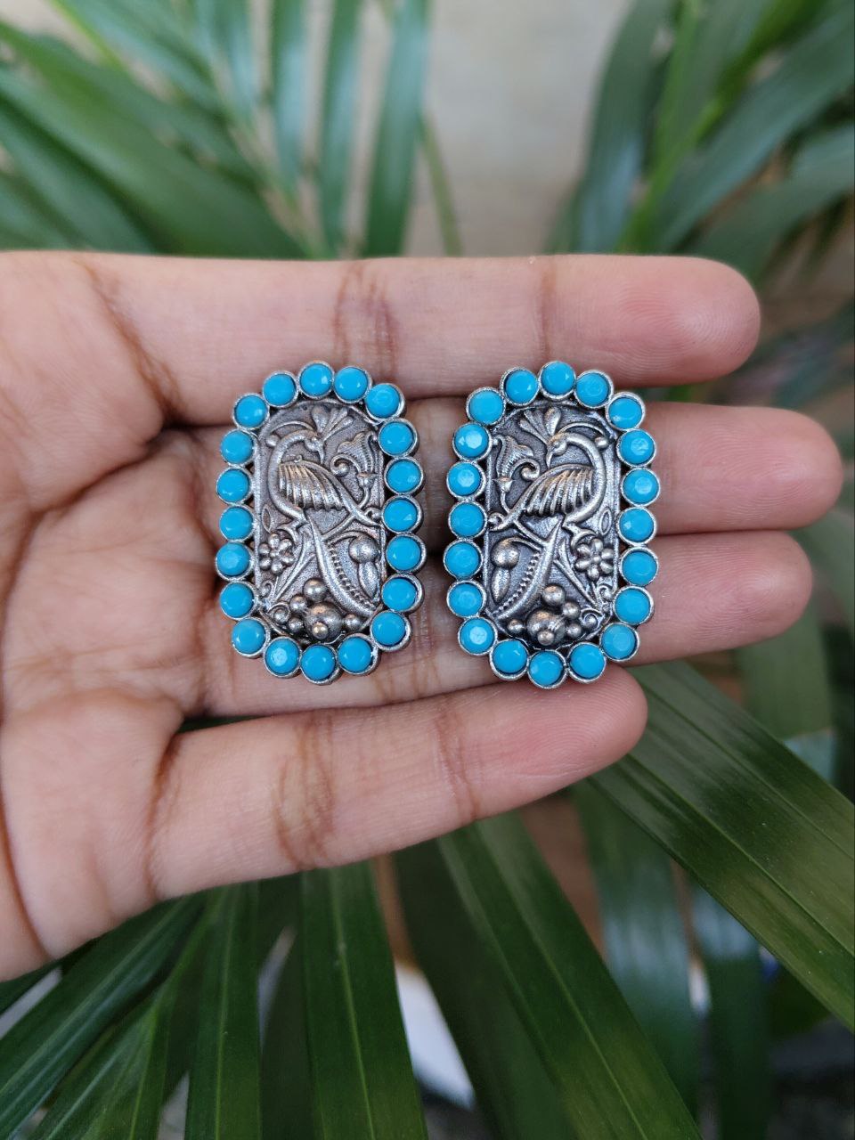 Beautiful Peacock Stud Earrings | Silver Replica Oxidized Stone Jewelry for Daily Wear 2 Oxidized peacock stud earrings silver plated stone jewelry