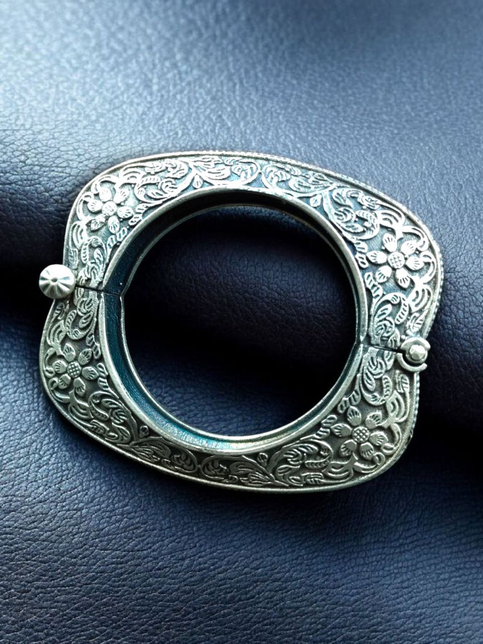 Designer Oxidized Floral Art Bangle | Silver Replica Best Openable Kada for Daily Wear 2 Designer oxidized floral art silver replica openable bangle kada for women