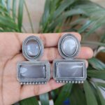 Elegant Silver Replica Stud Earrings with Beautiful Monalisa Stone Design for Women - "Grey"