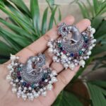 Elegant Silver Plated Peacock Stud Earrings with Beautiful Pearl and Stone Work Design - "Multi"