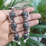 Elegant 3 Layer Oxidized Dangler Earrings with Beautiful Stone and Pearl Work Design - "Green"