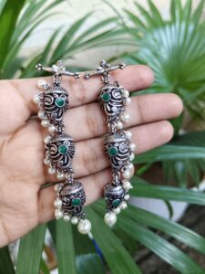 Elegant 3 Layer Oxidized Dangler Earrings with Beautiful Stone and Pearl Work Design - color: "Green"