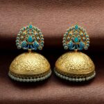 Elegant Meenakari Peacock Jhumka Earrings | Gold Plated Pearl Dangler Ethnic Perfect Jewelry For Girls - "Aqua"