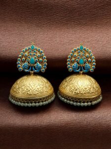 Elegant Meenakari Peacock Jhumka Earrings | Gold Plated Pearl Dangler Ethnic Perfect Jewelry For Girls - color: "Aqua"
