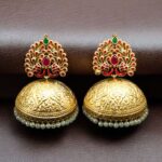 Elegant Meenakari Peacock Jhumka Earrings | Gold Plated Pearl Dangler Ethnic Perfect Jewelry For Girls - "Red-Green"