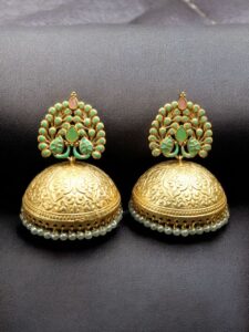 Elegant Meenakari Peacock Jhumka Earrings | Gold Plated Pearl Dangler Ethnic Perfect Jewelry For Girls - color: "Mint-Baby Pink"