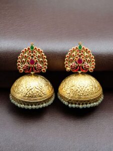 Elegant Meenakari Peacock Jhumka Earrings | Gold Plated Pearl Dangler Ethnic Perfect Jewelry For Girls - color: "Red-Green"